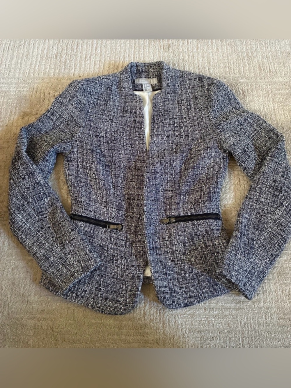 H&M Navy and White Tweed Zip-Pocket Blazer